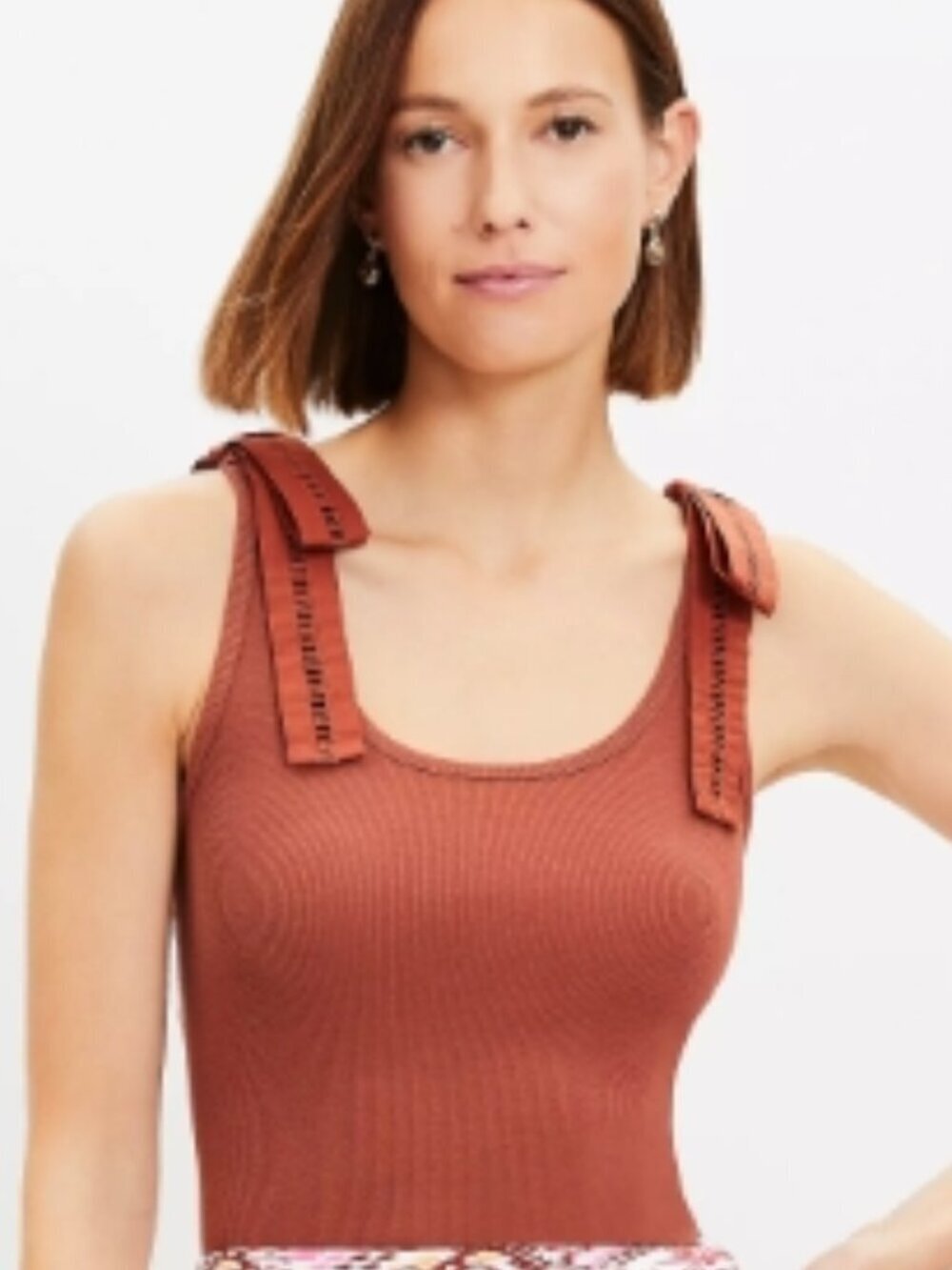 LOFT Poplin Ribbed Tie‑Shoulder Mixed Media Tank Top Rust Size S NWT
